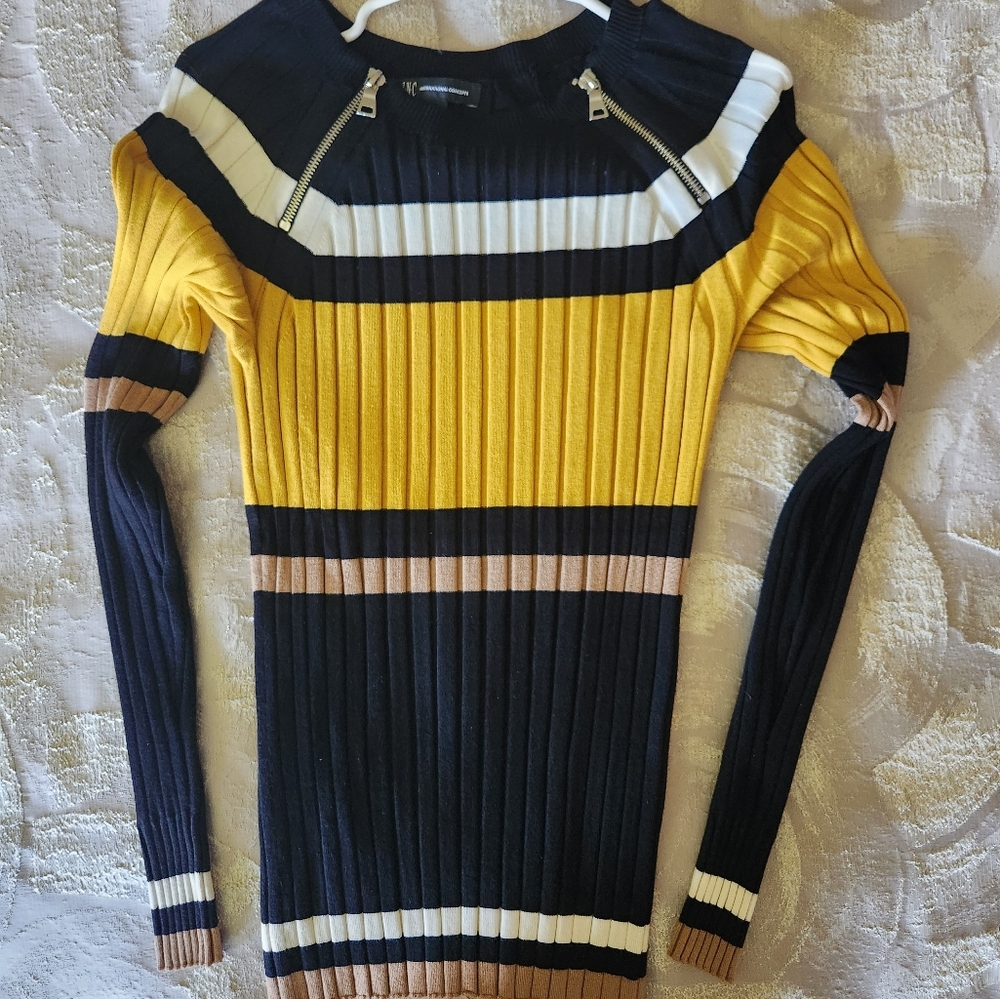 New, INC., Striped Ribbed Sweater with Zipper Accents